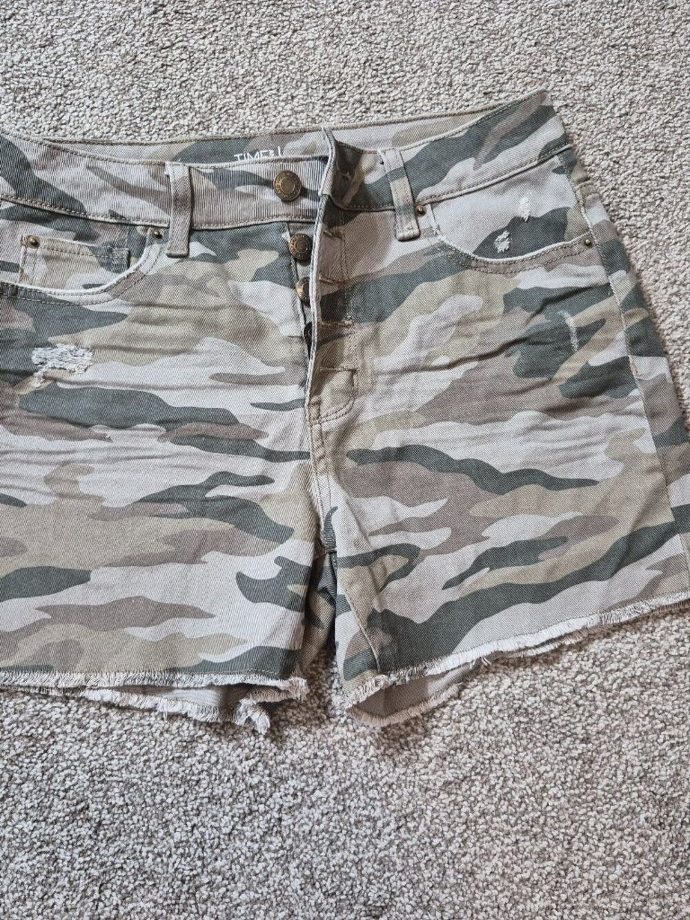 TIME AND TRU Green Denim Camo Cut-Off High Rise Jean Shorts; Size 6
